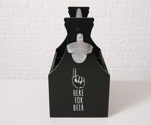 Bierkasten für 6 Flaschen, integrierter Kapselheber, Holz schwarz mit Aufdruck