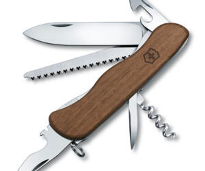 Taschenmesser mit 10 Funktionen und eleganten Nussbaumholz-Schalen, hergestellt in der Schweiz, mit Holzsäge und Platinen-Verriegelung, 11cm