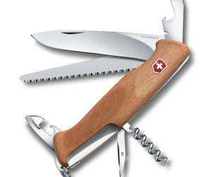 Taschenmesser mit 10 Funktionen und eleganten Holz-Schalen, hergestellt in der Schweiz, mit grosser Feststellklinge und Holzsäge, 13cm